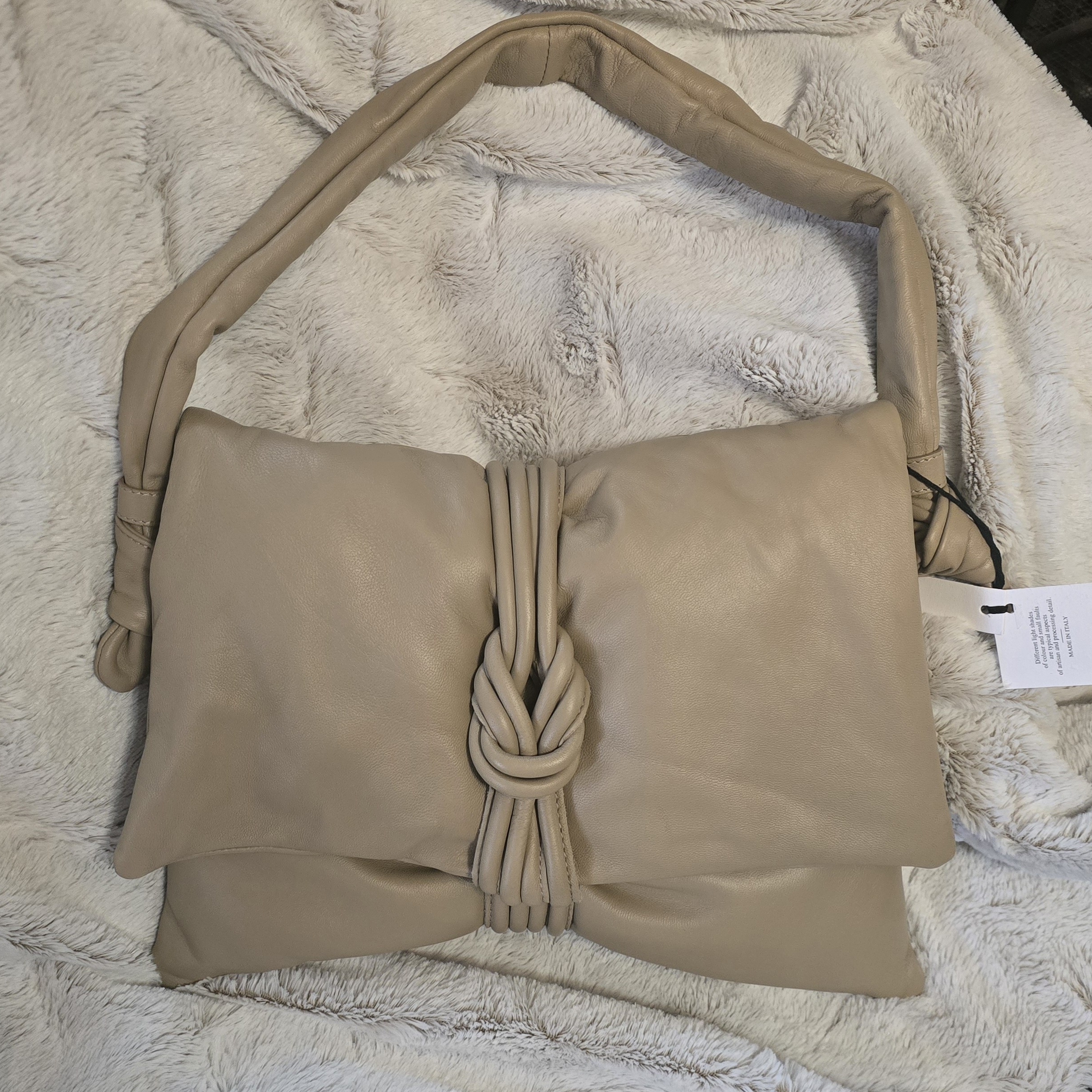 Tan Shoulder Bag With Adjustable Strap And Knotted Closure